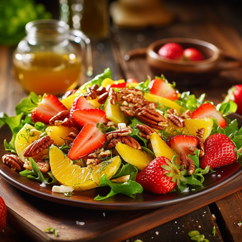 Frischer Salat mit Orangen, Erdbeeren und Vanille-Vinaigrette